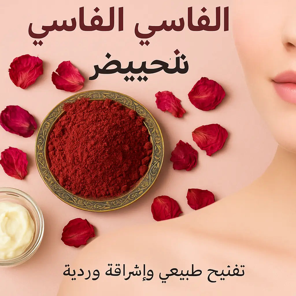 🌺 العكر الفاسي للتبييض مسحوق طبيعي مع بتلات وردية لتفتيح البشرة في اليمن بلمسة ناعمة للبشرة