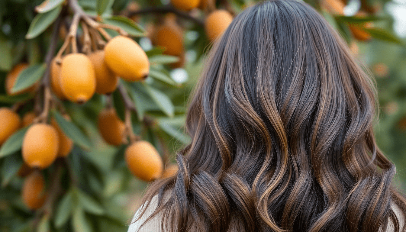 I want an image that shows healthy hair with a natural background of argan fruit or an argan tree.