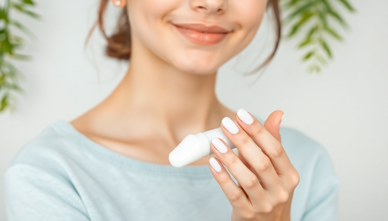 Natural background, and the design features a girl's hand applying a moisturizing cream.