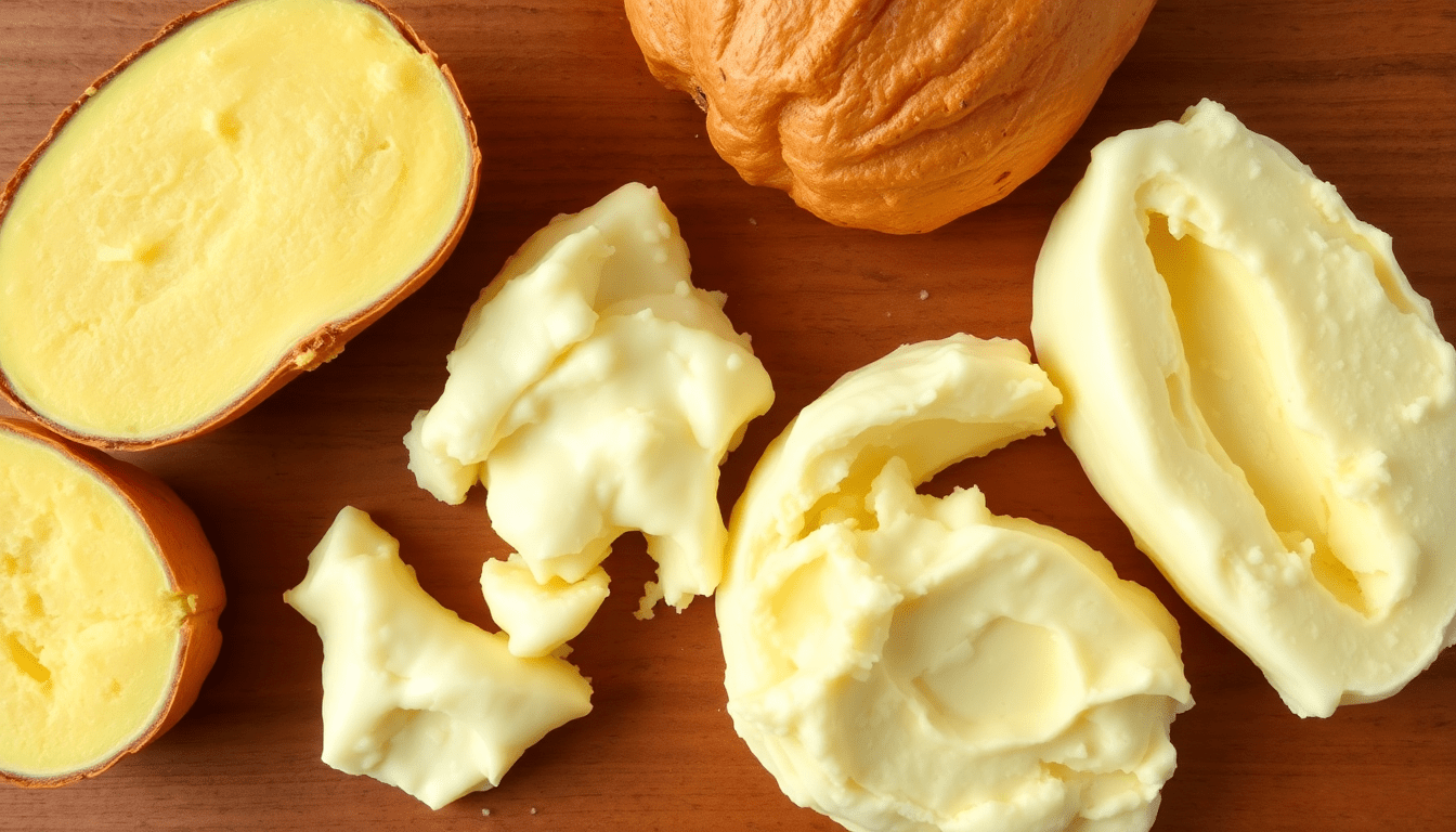"A natural background image showing raw yellow and white shea butter"