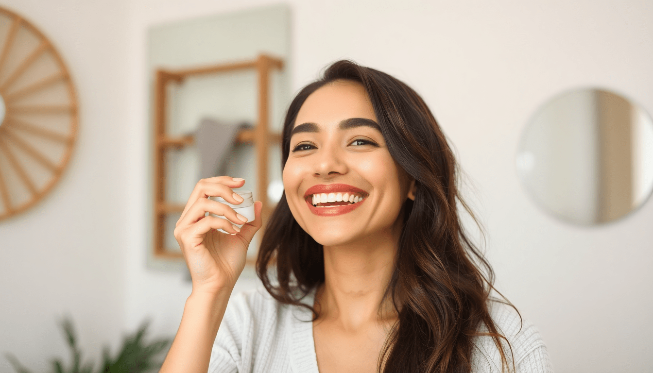 A happy women applying cream to her face.