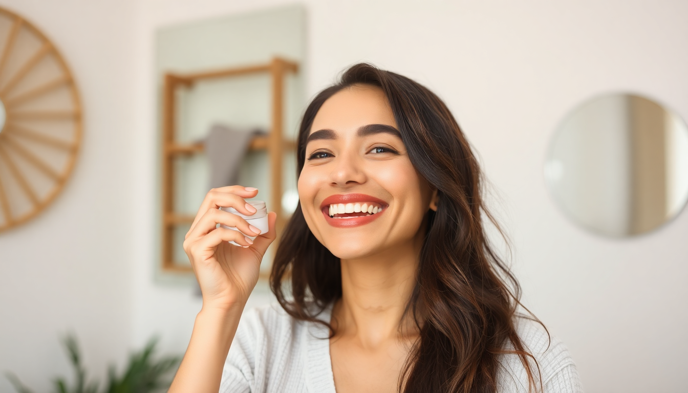 A happy women applying cream to her face.