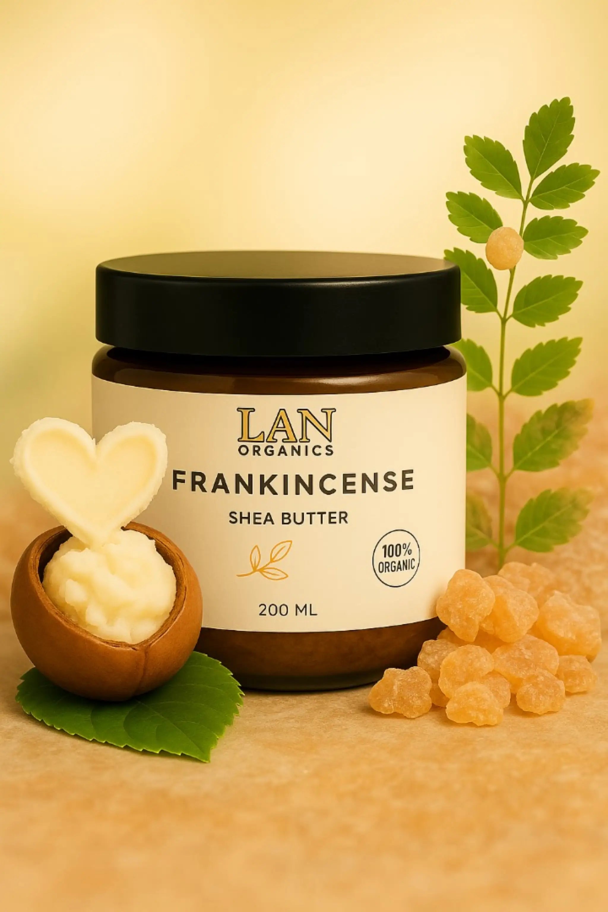 عبوة زبدة الشيا الطبيعية باللبان من LAN Organics سعة 200 مل – لترطيب وتغذية البشرة 100% عضوية