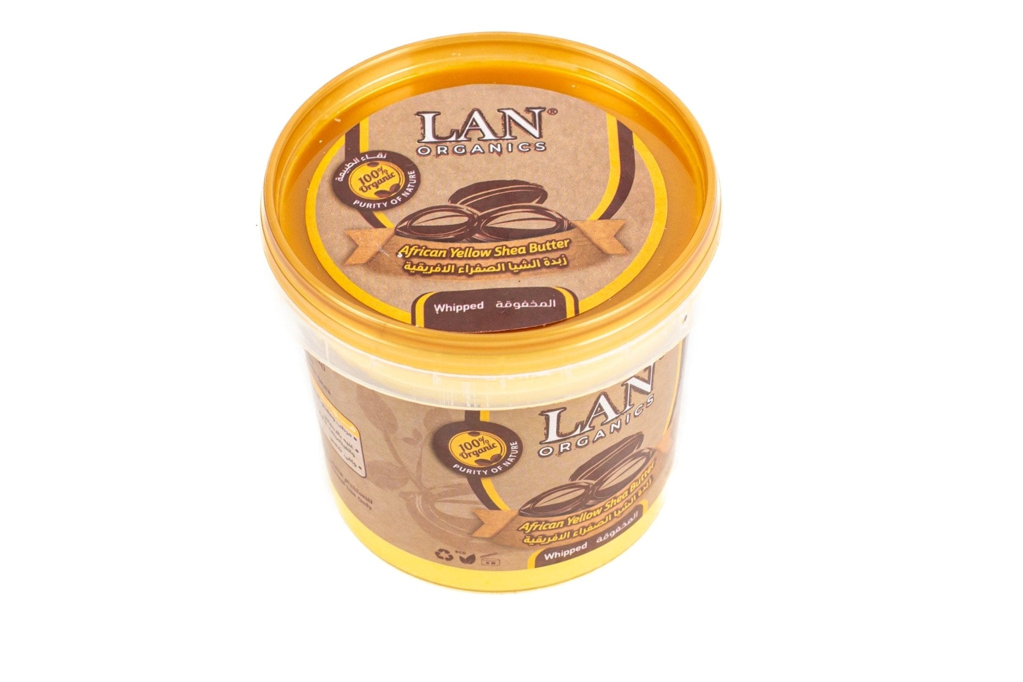 زبدة الشيا الصفراء العضوية من LAN مع غلاف أصفر في عبوة سعة 200 مل