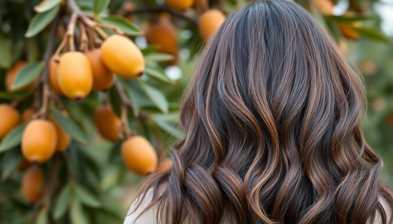 I want an image that shows healthy hair with a natural background of argan fruit or an argan tree.