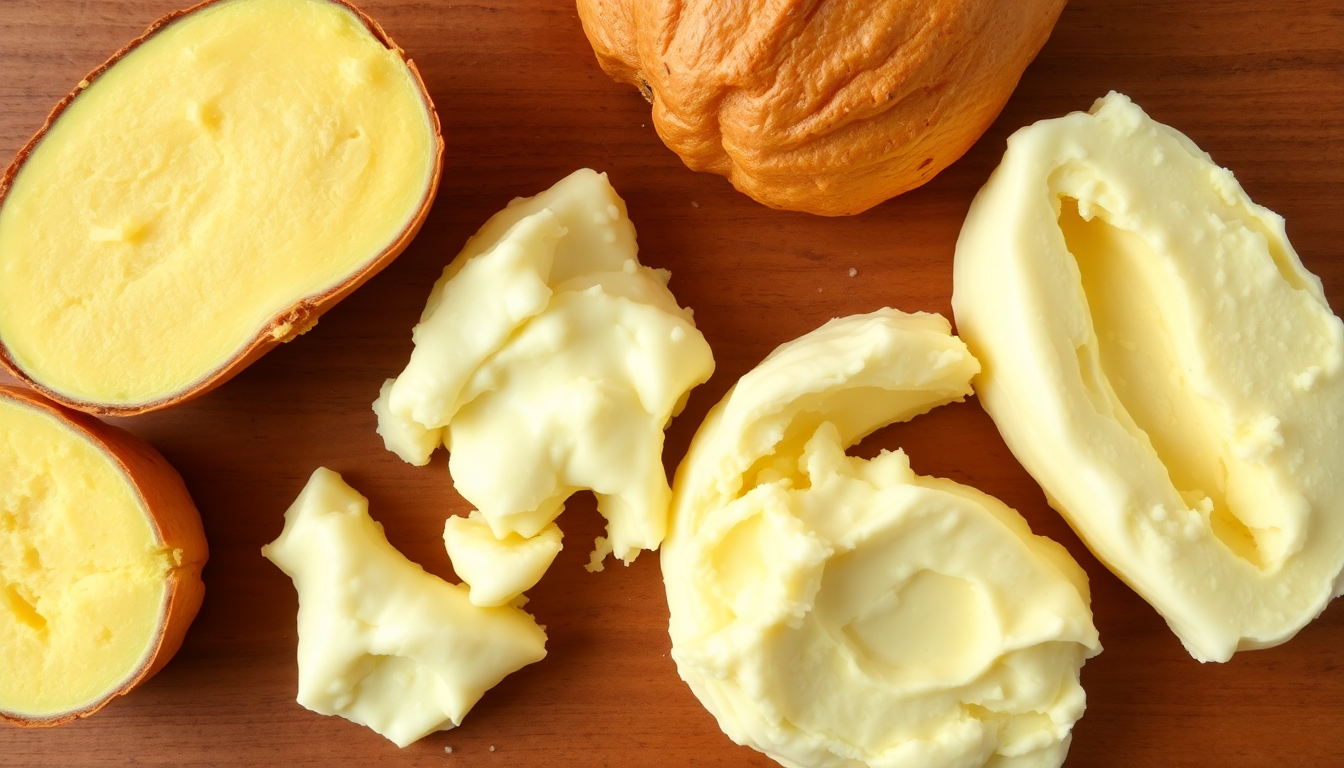 "A natural background image showing raw yellow and white shea butter"