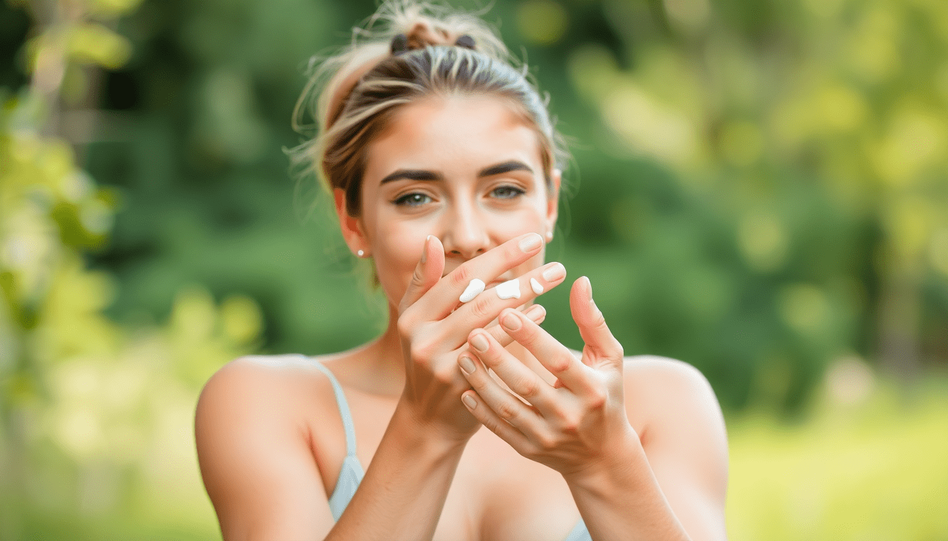 A natural background photo of a young women using lotion to moisturize her hand.